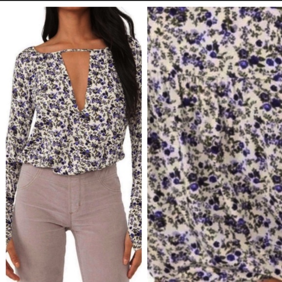 FREE PEOPLE KAYA PURPLE BLACK WHITE LONG SLEEVE FLORAL BODYSUIT SP S - Picture 1 of 6